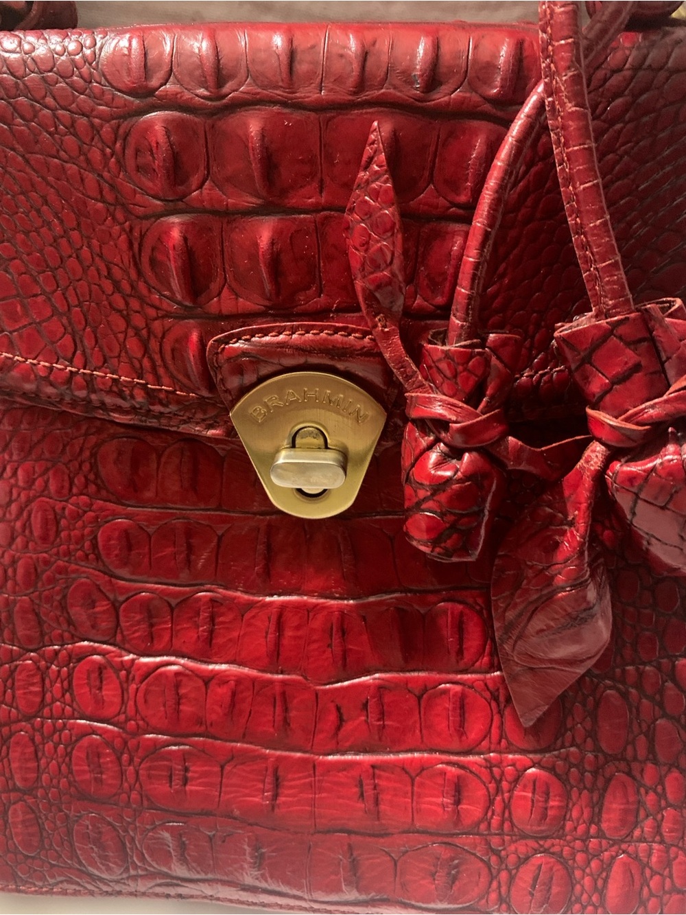 Brahmin Red Olivia Rose Melbourne Leather Croc-Embossed Crossbody Satchel